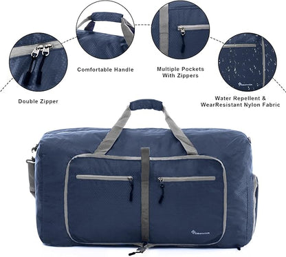 Dimayar Travel Duffle Bag for Men Women - Foldable Duffel Bag with Shoes Compartment - Overnight Bags Waterproof & Tear Resistant(65L,Dark Blue)