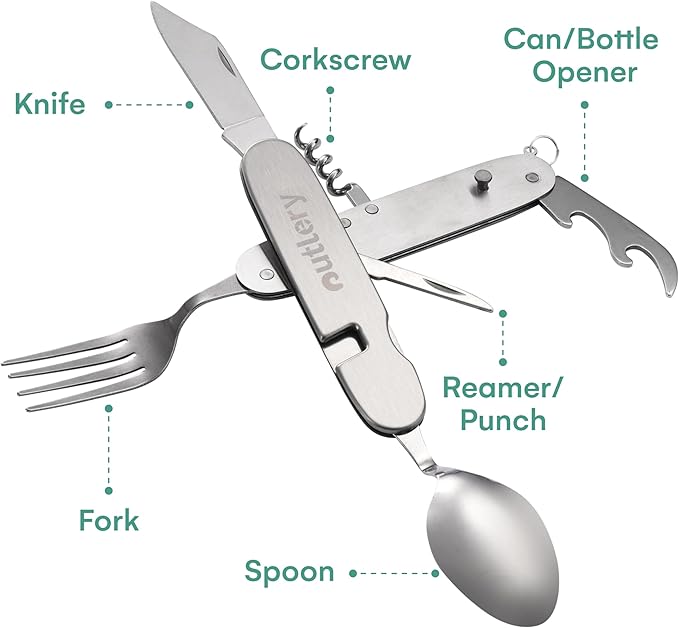 Outlery Survival Pocket Knife - Functional Backpacking Knife with Utensils and Utility Tool - Multifunction and Tactical for Camping or Hiking - Silver, Stainless Steel Multitool - H0.9xL4xW1.3 Inches