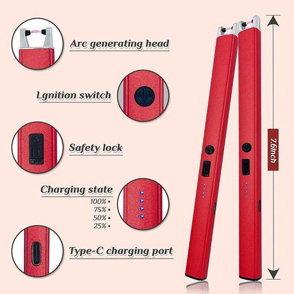 2 PCS Candle Lighter,Windproof Flameless Electric Lighter with LED Power Display ＆ Safety Switch, Upgraded Plasma USB Rechargeable Lighter for Birthday Camping BBQ （Red）