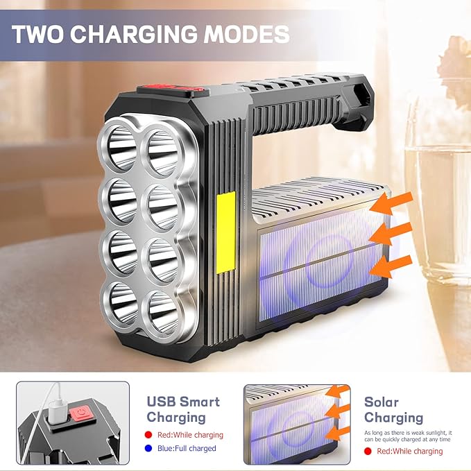 Solar Flashlight Rechargeable 8 LED Handheld with COB Sidelight, High Lumens 3 Modes Searchlight, Portable Lightweight Waterproof Spotlight for Fishing Outdoor Camping Emergencies