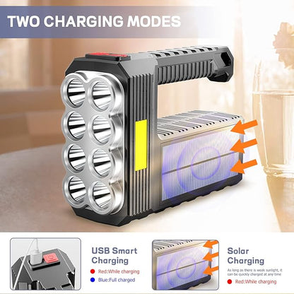 Solar Flashlight Rechargeable 8 LED Handheld with COB Sidelight, High Lumens 3 Modes Searchlight, Portable Lightweight Waterproof Spotlight for Fishing Outdoor Camping Emergencies
