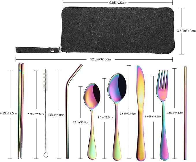VANDBAO Camping Utensils Set, Portable Travel Utensils with Case for Fixing Tableware, Reusable Stainless Steel Stable Cutlery Set, Lunch Picnic Flatware Silverware (Rainbow Set)
