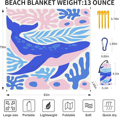 Large Beach Blanket Waterproof Sandproof 79"x 83" for 1-4 Adults,Quick Drying Beach Mat,Lightweight & Durable,Beach Essentials for Family Beach Camping Travel Picnic (Blue Whale)