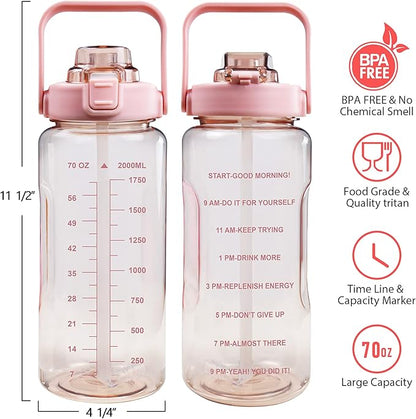 64oz Half Gallon Water Bottle With Sleeve, Water Bottles with Time Marker/Straw/Chug One Lids, Leakproof Tritan BPA Free Reusable Water Jug Easy Carry for Adult and Kids Gym Sports Outdoors