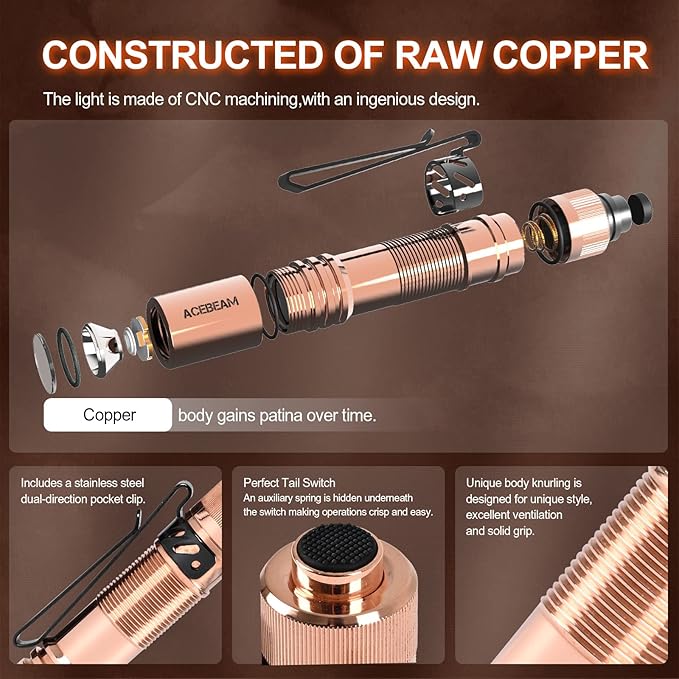 ACEBEAM Pokelit AA Rechargeable Mini Flashlight with Clip, 500 High Lumens Pocket EDC Flashlight, Super Bright Small Flashlight,519A 90+ High CRI Led Flashlight for Camping,Hiking,Everyday Use(Copper)