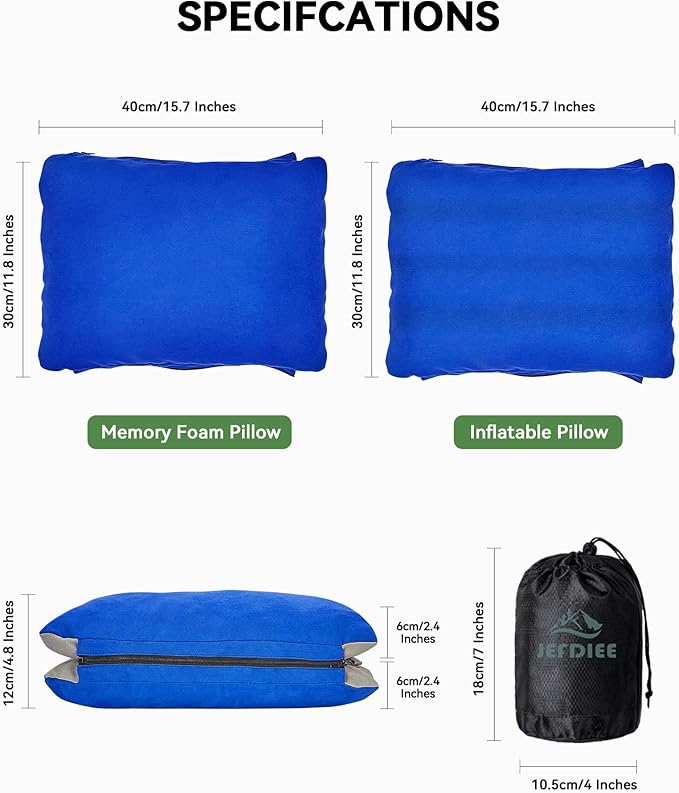 JefDiee Inflatable Camping Pillow with Memory Foam and Washable Cover Camping Gear and Travel Pillow for Airplanes, Camping