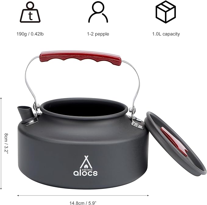Alocs 1L Kettle Teapot, Portable Camping Coffee Pot, Hard-Anodized Aluminum Camping Kettle, Compact Tea Kettle for Stove Top, Outdoor, Hiking, Camping, Picnic and Traveling.