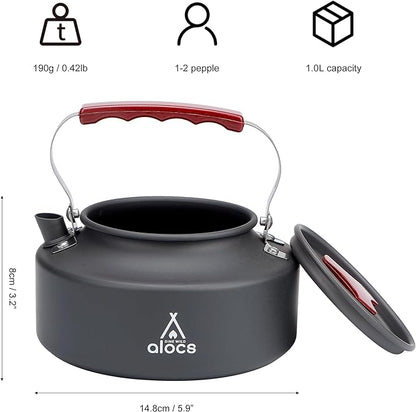 Alocs 1L Kettle Teapot, Portable Camping Coffee Pot, Hard-Anodized Aluminum Camping Kettle, Compact Tea Kettle for Stove Top, Outdoor, Hiking, Camping, Picnic and Traveling.