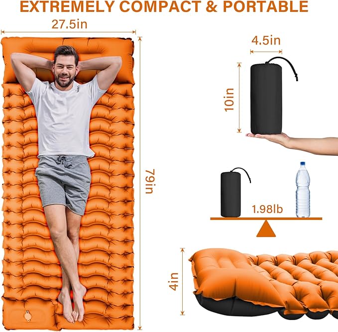 Camping Sleeping Pad, Ultralight Camping Pad with Pillow, Built-in Foot Pump Inflatable Sleeping Pad, Compact Size for Camping, Backpacking, Hiking - Orange