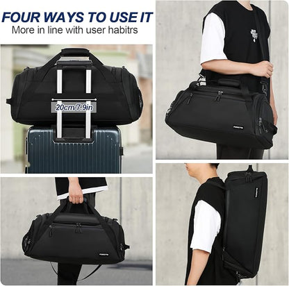 FIORETTO 43L Mens Sports Gym Bag with Wet Pocket & Shoe Compartment, Travel Duffle Bag Overnight Bag with Padded Shoulder Strap, Holdall for Swimming, Basketball, Football Black
