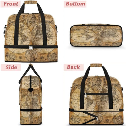 World Map Foldable Travel Duffel Bag, Expandable Sports Gym Bag with Shoes Compartment Weekender Overnight Totes Bags for Women Men