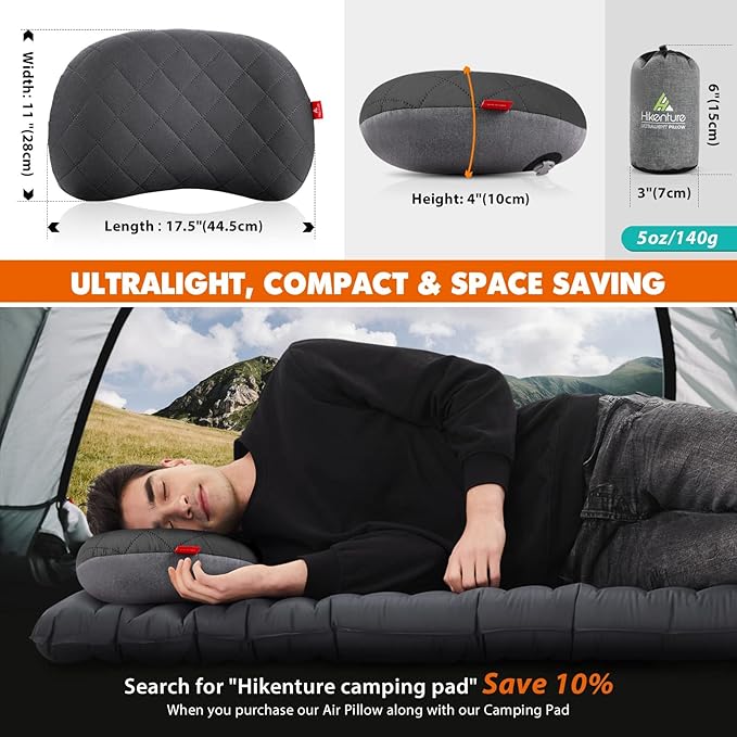 Hikenture Camping Pillow, Inflatable Air Pillow with Removable Cover, Backpacking Pillow for Sleeping, Ultralight Blow Up Pillows, Portable&Compact Hiking Pillow for Beach, Travel, Outdoor(Grey)
