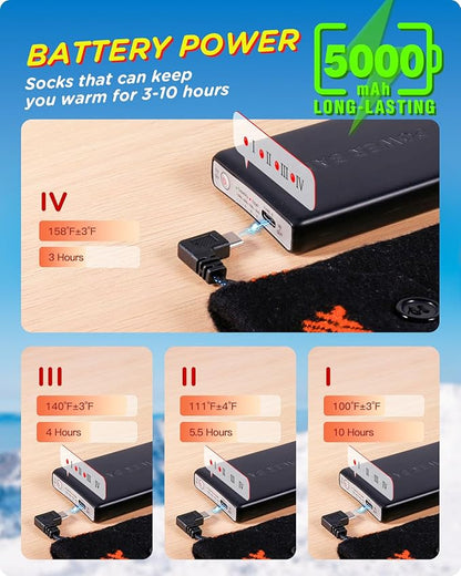 Rechargeable Heated Socks for Whole Sole, Toes and Instep, 5000 mAh Battery Powered Warm Socks for Up to 10 Hours, XL Large Thermal Heated Socks Women and Men for Camping|Hiking|Skiing|Hunting|Unisex