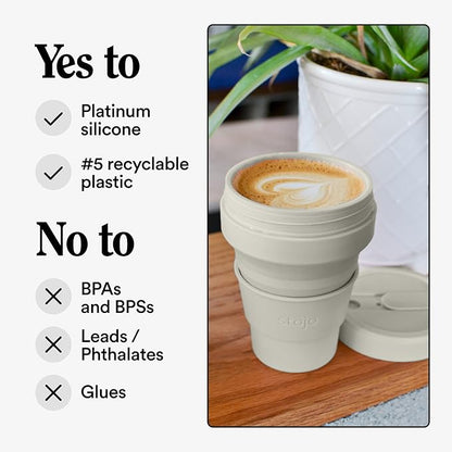 STOJO Collapsible Travel Cup - Oat, 12oz / 355ml - Reusable To-Go Pocket Size Silicone Cup for Hot and Cold Drinks - Perfect for Camping and Hiking - Microwave & Dishwasher Safe