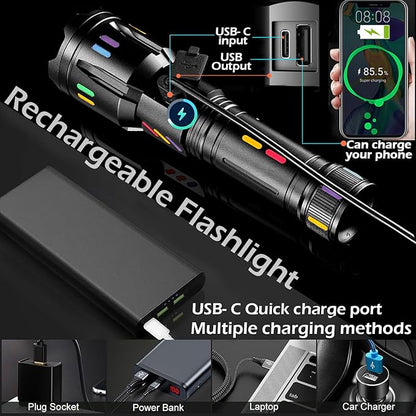 LED Flashlight, Rechargeable Flashlights High Lumens Bright 990000 Lumen, 5 Mode Tactical Flash Light Powerful IPX7 Waterproof Zoomable Focus for Emergency Camping Essential Hiking Gear Fishing Home