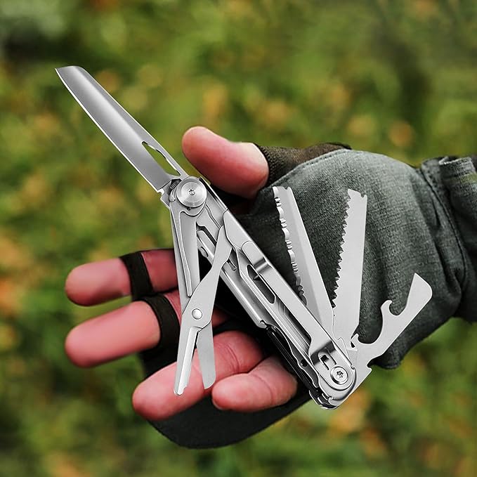9-in-1 Multi Tool, Pocket Knife, Multitool Folding Knife for Camping Hiking Survival Fishing, Stainless Steel Lockable Multitool Knife Saw Scissors Bottle Opener Wire Stripper Glass Breaker