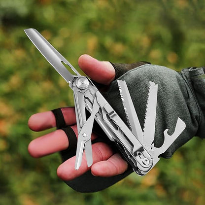 9-in-1 Multi Tool, Pocket Knife, Multitool Folding Knife for Camping Hiking Survival Fishing, Stainless Steel Lockable Multitool Knife Saw Scissors Bottle Opener Wire Stripper Glass Breaker