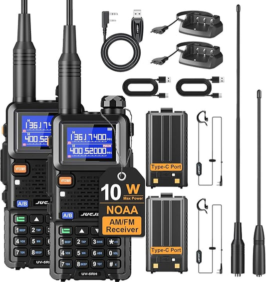 5RH Ham Long Range Radio 10W Radio (Upgraded of UV-5R), 999CH One Key Frequency Match, 2500mAh Battery Rechargeable Walkie Talkies, with Programming Cable, Earpiece, Type-C Charging(2 Pack)