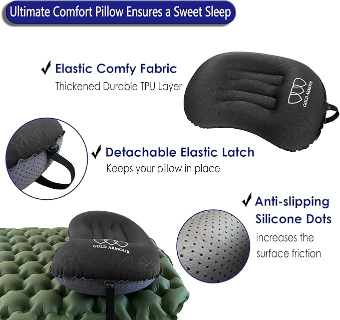 Gold Armour Inflatable Camping Pillow Backpacking Pillow Lightweight Travel Air Pillow Ultralight Ergonomic Pillow Portable for Airplanes with Neck & Lumbar Support (2 Pack) (Black & Lime Green)