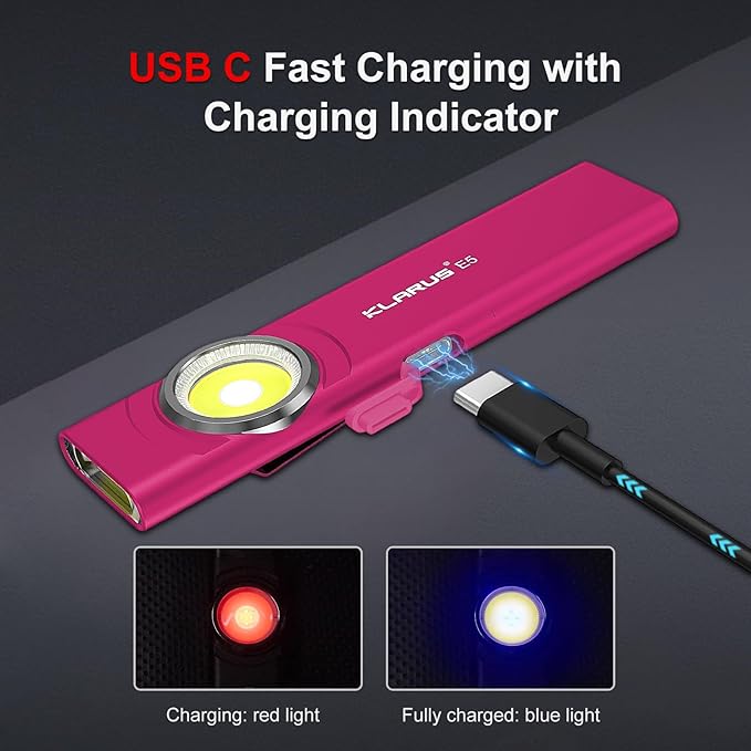 klarus E5 Pocket Flashlight, Rechargeable EDC Flashlight, Super Slim Flat 4.2x1x0.3inch, 470 Lumens, USB-C Port, IPX4, Dual Light Source with Magnetic Base, Hat & Clothes Clip - Red