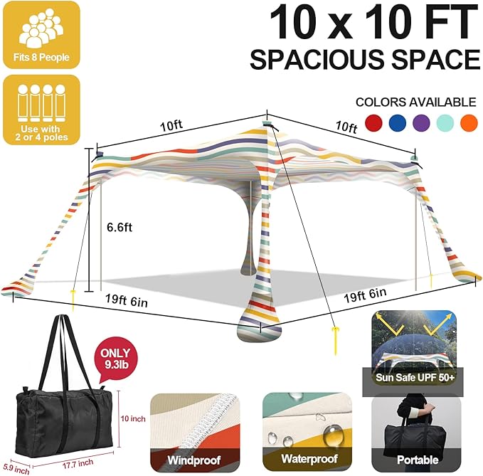 Buheco Beach Tent Pop Up Shade 10x10ft Beach Canopy Sun Shelter UPF50+ with 4 Foldable Poles-Portable Carrying Bag-Sand Shovel-Ground Pegs-Windproof Ropes for Outdoor Family Camping-Fishing- Picnic
