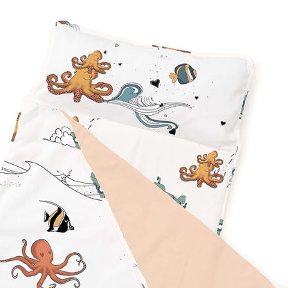 JumpOff Jo - Extra Long Toddler Nap Mat for Preschool, Daycare and Kindergarten - Sleeping Bag for Kids with Removable Pillow and Ultra Soft Blanket - Octopus Treasure