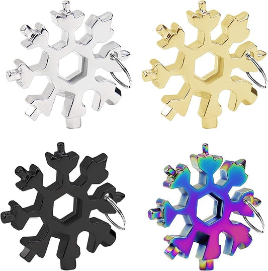 18-in-1 Snowflake Multi Tool, 4 Pack Stainless Steel Snowflake Bottle Opener/Flat Phillips Screwdriver Kit/Wrench, Durable and Portable to Take