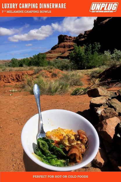 Unplug Luxury Camping Plates Cups and Bowls Set | Camping Dishes & Utensils Including Knives, Spoons and Forks | an All-Inclusive Camping Mess Kit | Camping Dinnerware