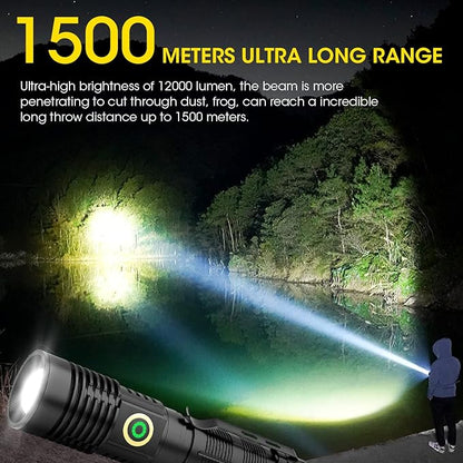 Rechargeable Flashlight High Lumens, 12000 High Lumens Super Bright Flash Light, 1500 Meter Long-Range Zoomable LED Flashlights for Emergency, EDC, Searching, Waterproof Flashlight Dimmable