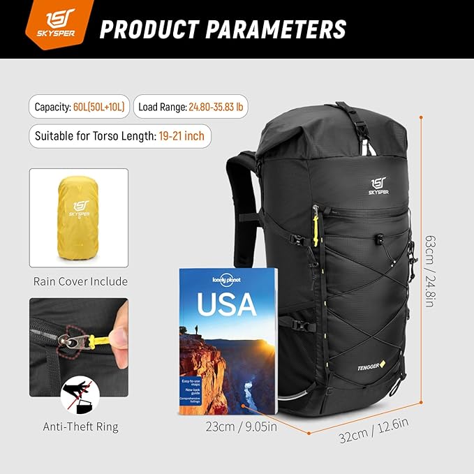 SKYSPER Hiking Backpack - 50L Roll Top Backpacking Backpack Lightweight Comfortable Breathable Camping Travel Pack for Men Women(Black)