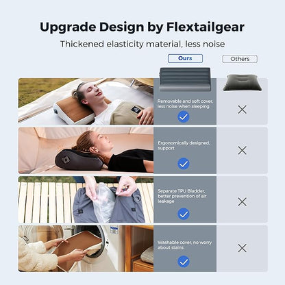 FLEXTAILGEAR Neck Contour Inflatable Camping Pillow, Ergonomic Travel Pillow Backpacking Gear with Washable Removable Cover Separate TPU Bladder for Camp, Hiking, Airplane, Road Trip, Office
