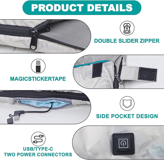 Sleeping Bag Cold Weather-Heating Sleeping Bag with 3 Heating Levels,Waterproof Lightweight Jointable Camping Sleeping Bag and Compression Sack for Camping Hiking Backpacking All Season