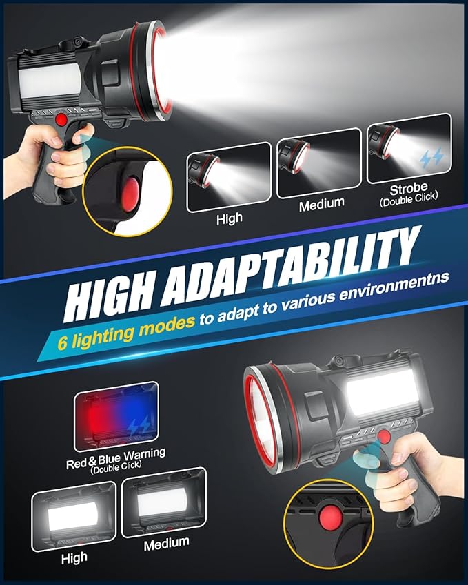 Victoper Spotlight for Camping, 1000000 Lumens Bright Handheld Spot Light, 12000 mAh Rechargeable LED Flashlight, 3+3 Modes 4 Colors Waterproof Spotlight Hunting Caving Camping Essentials Gear