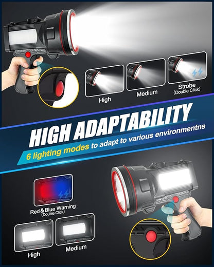Victoper Spotlight for Camping, 1000000 Lumens Bright Handheld Spot Light, 12000 mAh Rechargeable LED Flashlight, 3+3 Modes 4 Colors Waterproof Spotlight Hunting Caving Camping Essentials Gear