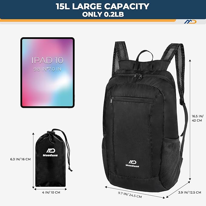 15L Hiking Daypack - Water Resistant Lightweight Packable Backpack for Travel Camping Outdoor - Black