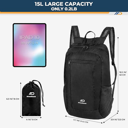 15L Hiking Daypack - Water Resistant Lightweight Packable Backpack for Travel Camping Outdoor - Black
