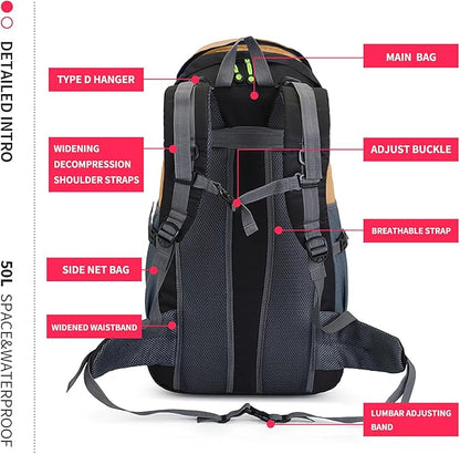 Bseash 50L Hiking Backpack, Water Resistant Lightweight Outdoor Sport Daypack Travel Bag for Camping Climbing Touring (Gold - With Shoe Compartment)