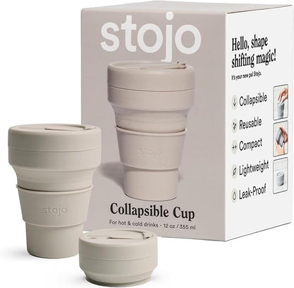 STOJO Collapsible Travel Cup - Oat, 12oz / 355ml - Reusable To-Go Pocket Size Silicone Cup for Hot and Cold Drinks - Perfect for Camping and Hiking - Microwave & Dishwasher Safe