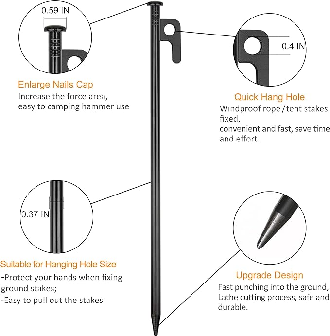 16 Pack Tent Stakes Heavy Duty Metal Tent Pegs for Camping Steel Tent Stakes 12 inch Unbreakable and Inflexible