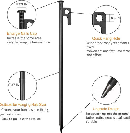16 Pack Tent Stakes Heavy Duty Metal Tent Pegs for Camping Steel Tent Stakes 12 inch Unbreakable and Inflexible