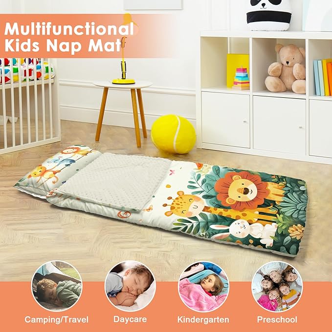 Kids Sleeping Bag Toddler Nap Mat with Removable Pillow, Large Foldable Sleeping Bag for Girls Boys, Easy Clean Slumber Bag with Double Zip for Camping School Preschool Daycare, 59×24 inch