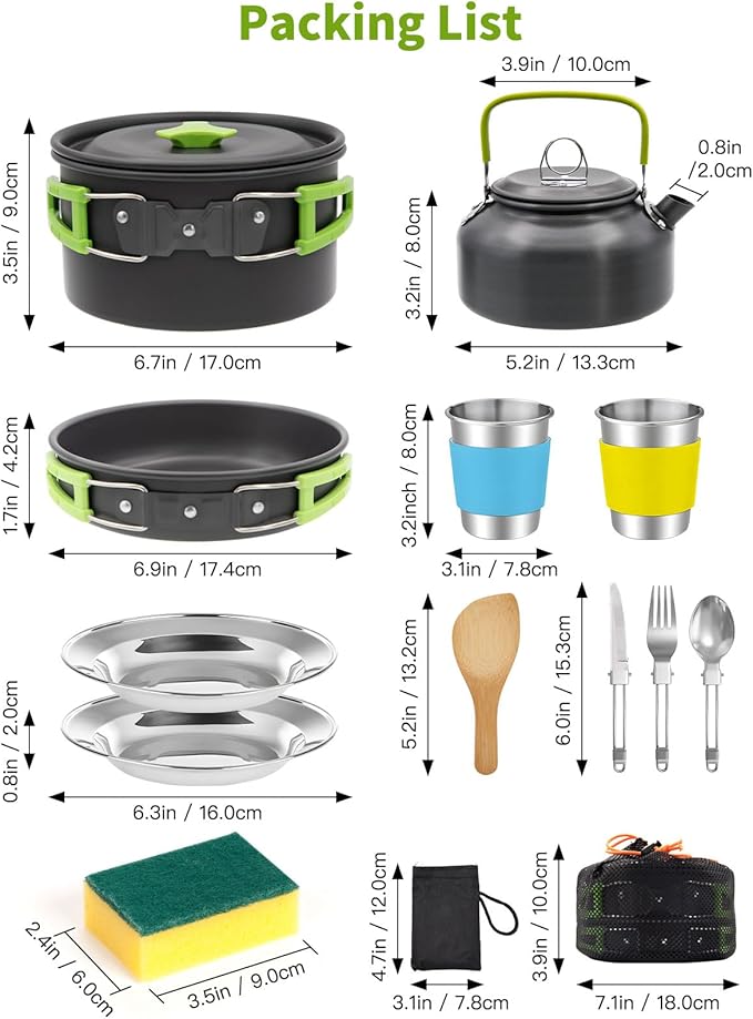 16pcs Camping Cookware, Backpacking Compact Camping Cooking Set Camping Pot with Stainless Steel Cups Plates Forks Knives Spoons, Camping Pots and Pans Set for Backpacking, Outdoor Cooking