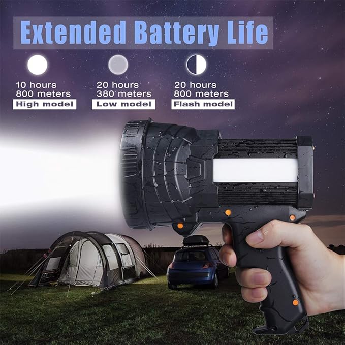 YIERBLUE Rechargeable spotlight, Super Bright 1000,000 LM LED Flashlight Handheld spotlight 10000mAh Long Lasting Large Flashlight Searchlight and Flood Camping Flashlight with Foldable Tripod Black