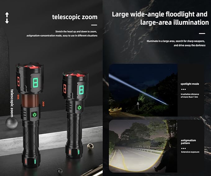 Rechargeable Military Flashlight, 220,000LM Powerful Tactical Flashlight, 5000 mAh LED Variable Focus, Up to 50 Hours of Continuous Use, for Camping Expeditions and Emergencies