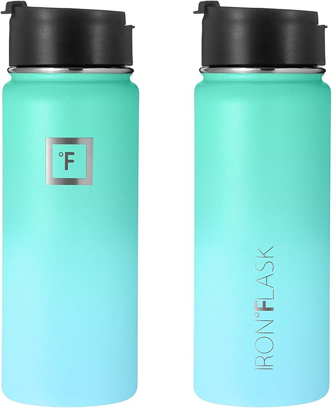 IRON °FLASK Camping & Hiking Hydration Flask, Wide Mouth, 3 Straw Lids, Stainless Steel Outdoor Water Bottle, Double Walled, Insulated Thermos, Metal Canteen - Sky, 18 Oz