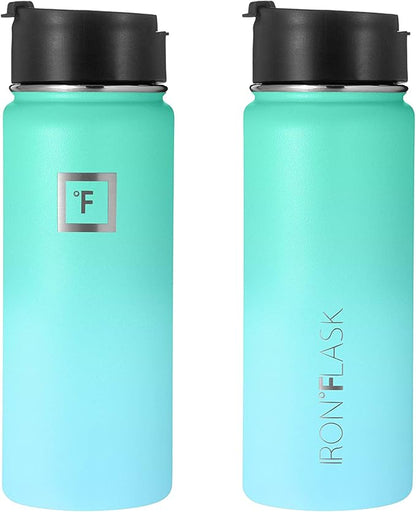 IRON °FLASK Camping & Hiking Hydration Flask, Wide Mouth, 3 Straw Lids, Stainless Steel Outdoor Water Bottle, Double Walled, Insulated Thermos, Metal Canteen - Sky, 18 Oz