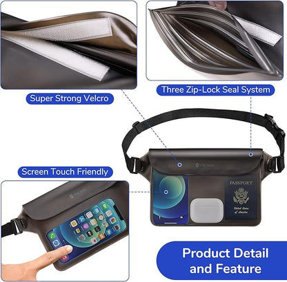 SYNCWIRE Waterproof Pouch Bag with Adjustable Waist Strap (2 Pack) - IP68 Waterproof Waist Bag Screen Touchable Dry Bag with Adjustable Belt for Beach, Swimming, Boating, Fishing, Hiking, etc