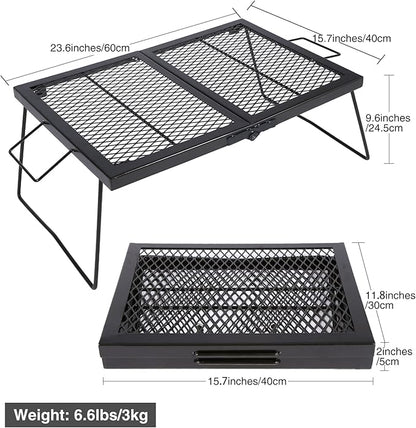 Folding Campfire Grill Grate, Portable Heavy Duty Steel Over Fire Camp Grill for Outdoor Camping Cooking Fire Pit, Black Folded in Half