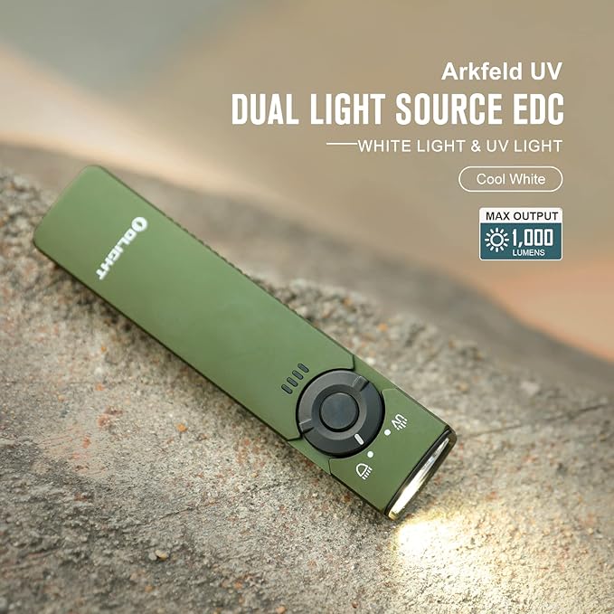 OLIGHT Arkfeld UV Rechargeable EDC Flashlight 1000 Lumens with 365nm UV Light, Flat Flashlight for Outdoors, Emergency, Working, Pet Urine Detection (Cool White Light: 5700~6700K)