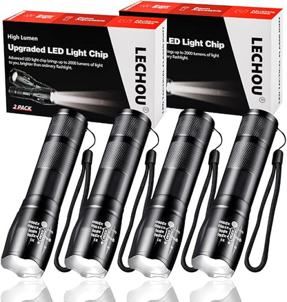 Tactical LED Flashlight, 3000 Lumens EDC Flashlight, Zoomable, Waterproof, Powerful Flashlights for Outdoor Camping, Hiking, Mini Flashlights for Gift Survival Emergency (4 Pack)